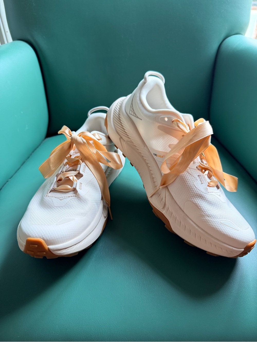Hoka One One White Sneakers with Peach Accents